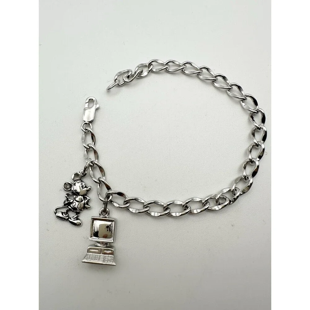 Vintage Sterling Silver Disney Mickey Mouse Computer Charm Bracelet 7.25”